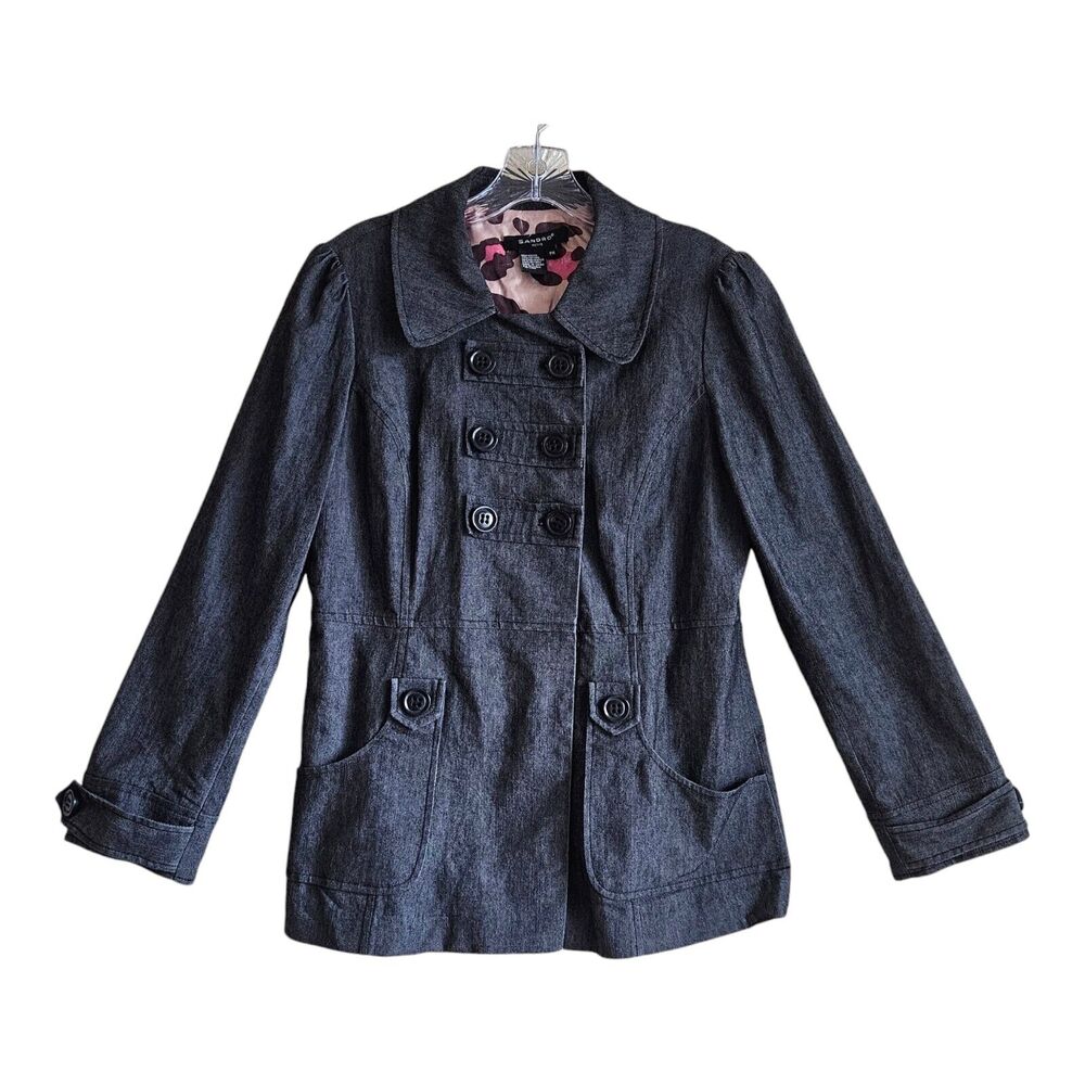 SANDRO Women Petite M PM Blazer Jacket Double Breasted Buttons Charcoal Denim 38